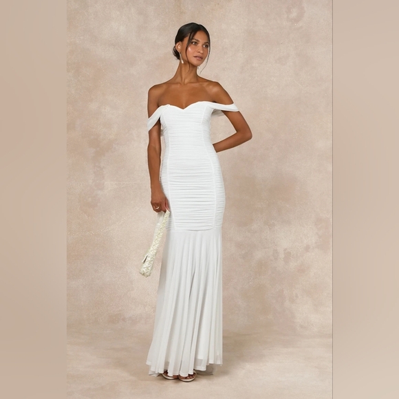 Lulus Divinely Romantic White Mesh Off-the-Shoulder Mermaid Maxi Dress Wedding - Picture 2 of 9